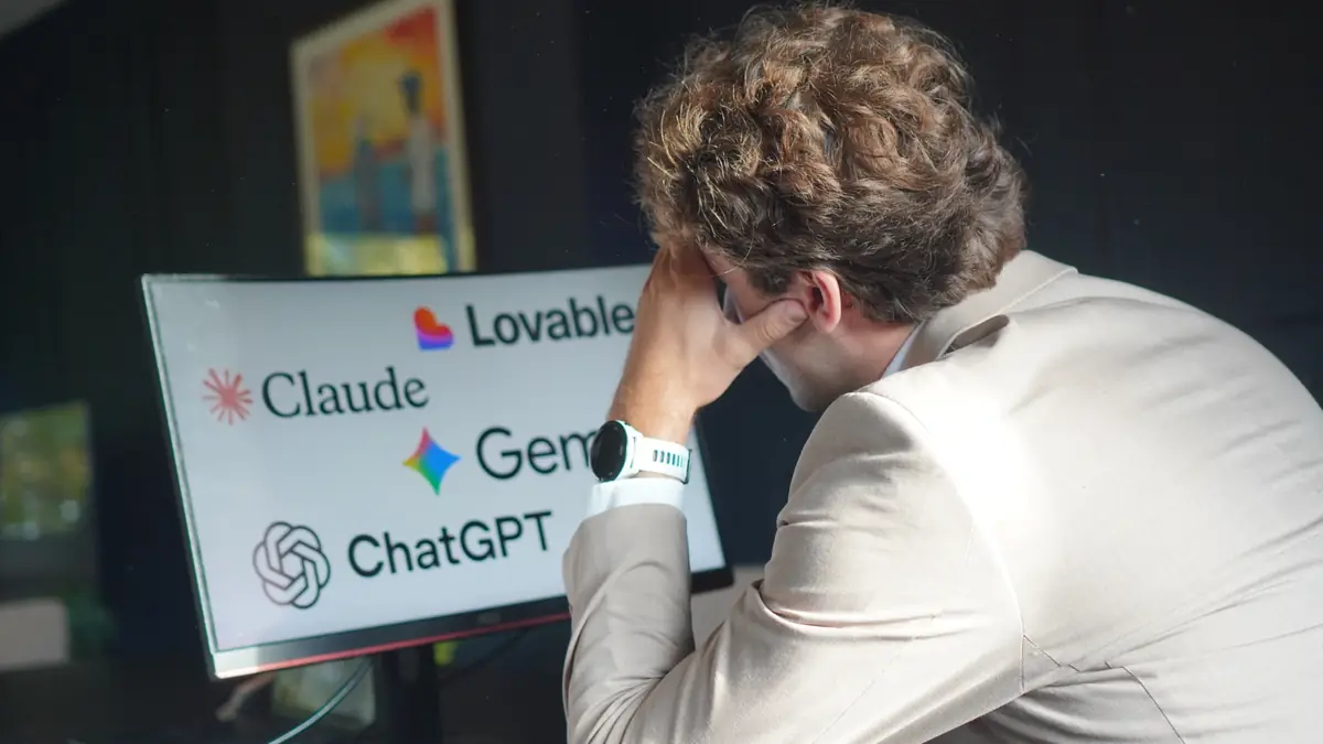Iemand kijkt gestrest naar een scherm met de logo's van Lovable, Claude, Gemini en ChatGPT